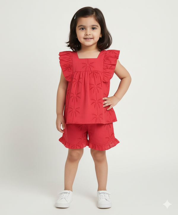 Sweetlime By AS Palm Breeze Eyelet Co-ord Set - Bright Red