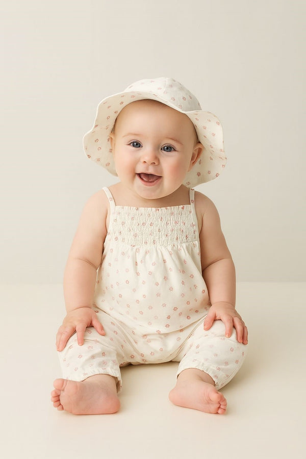 Sweetlime By AS Baby Girls' Cotton Tiny Petal Summer Romper & Hat Set - White