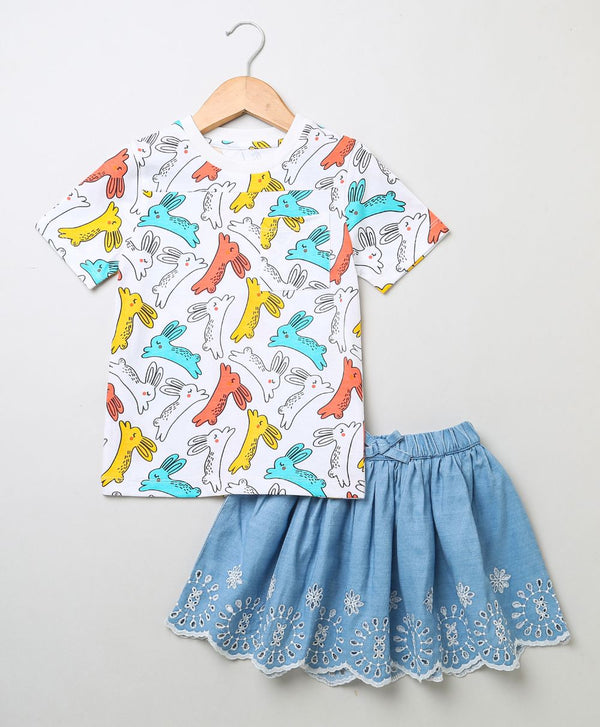 Multicoloured Rabbit Print Unisex T-shirt & Schiffly Embroidery Denim Skirt