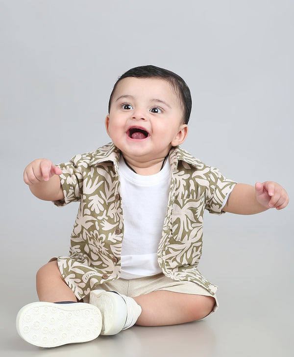 Sweetlime By AS Baby Boys Tropical Bloom Cotton Co-ord Set - Olive & Beige