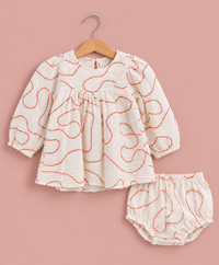 Organic Cotton Baby Girl Abstract Embroidered Dress Set with Bloomer – White & Red