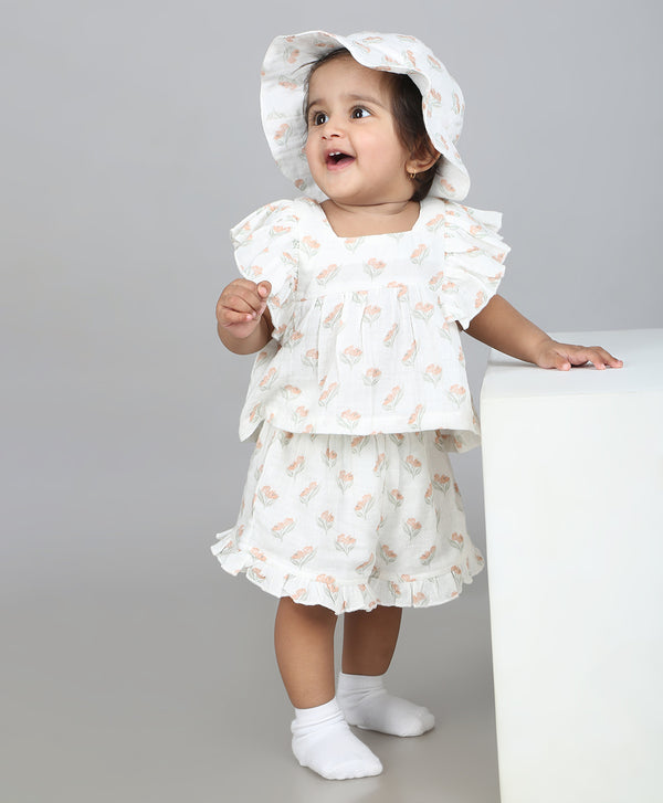 Sweetlime By AS Blossom Breeze Organic Cotton Summer Co-ord White Set With A Hat - White