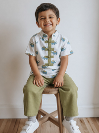 Baby Boy Elephant Printed Cotton Mandarin Kurta with Olive Cotton Pants Co-ord Set - White & Olive Green