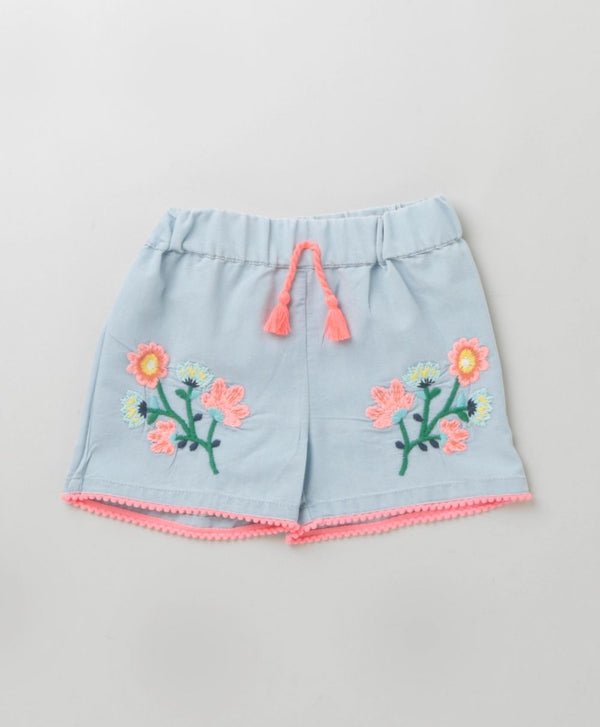Cotton Denim Floral Embroidery Shorts
