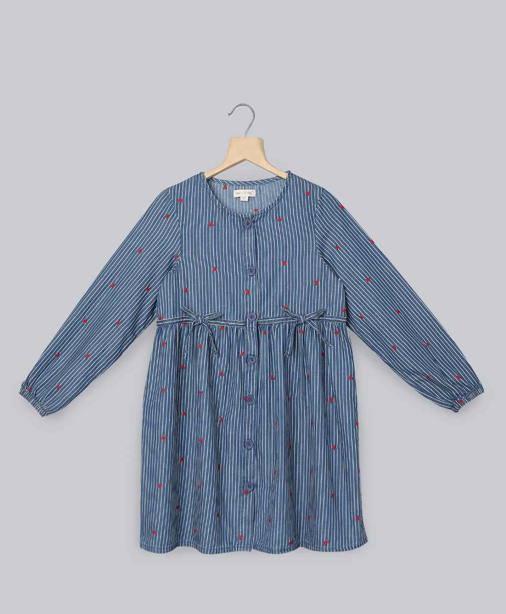 Striped Denim Dress with Heart Embroidery