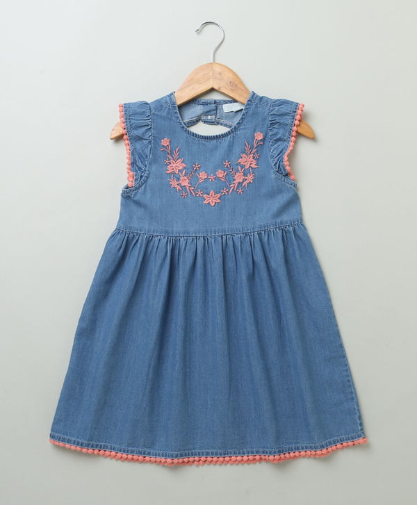 Cotton Denim Dress with Floral Embroidery