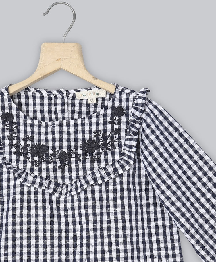 Yarn Dyed Navy Checks Cotton Blouse with Embroidery