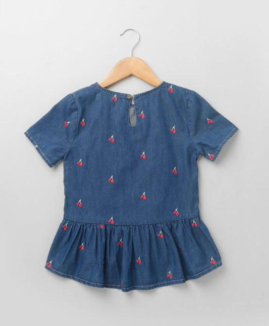 Cotton Denim Top with Cherry Embroidery