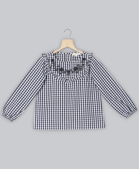 Yarn Dyed Navy Checks Cotton Blouse with Embroidery