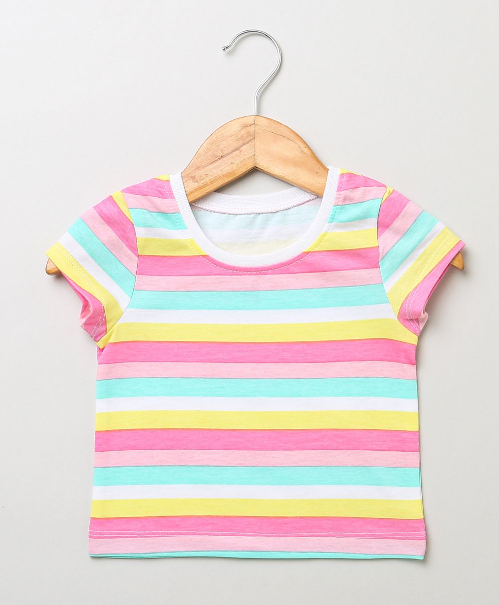 Half Sleeves Multicoloured Striped T-shirt & Multicoloured Hearts Mesh Skirt