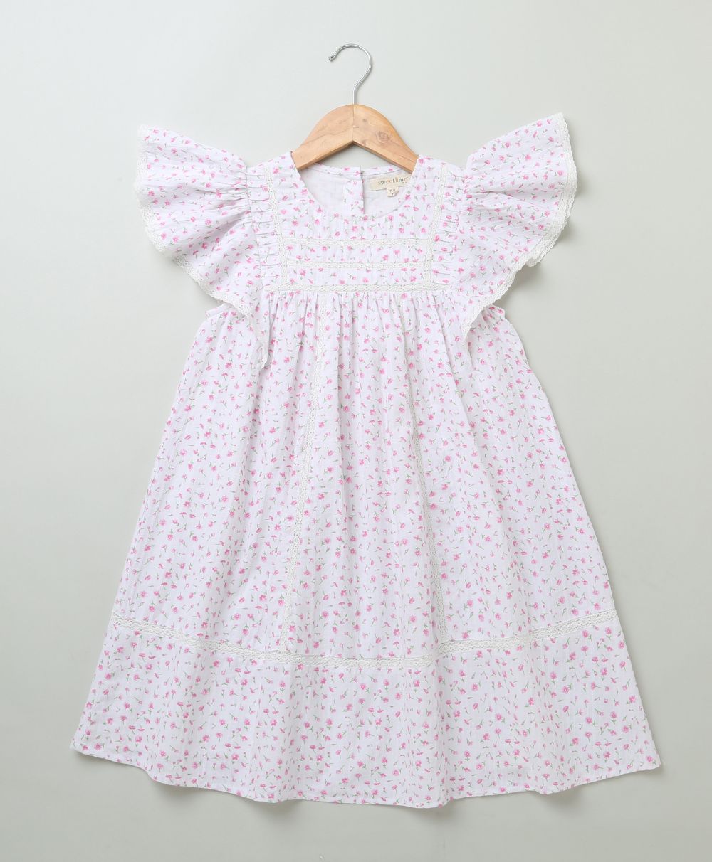 Pink Floral Printed A Line Cotton Dobby Dress