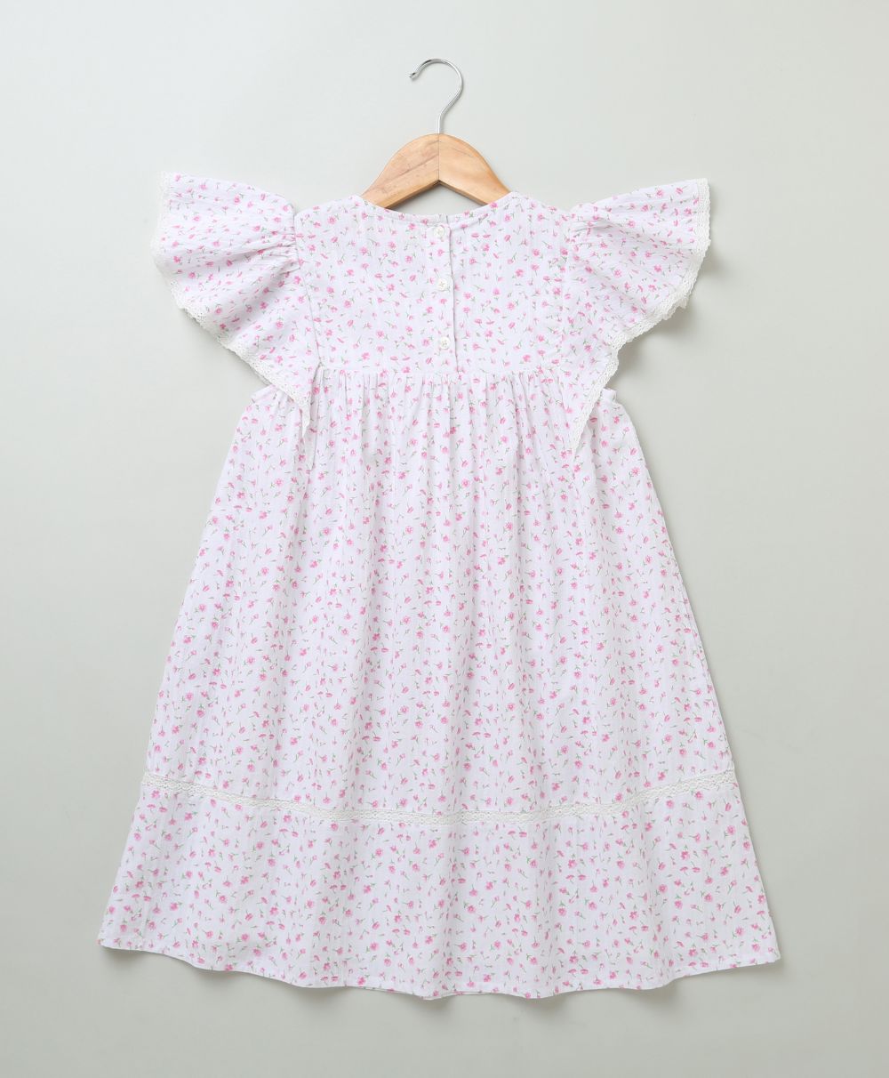 Pink Floral Printed A Line Cotton Dobby Dress