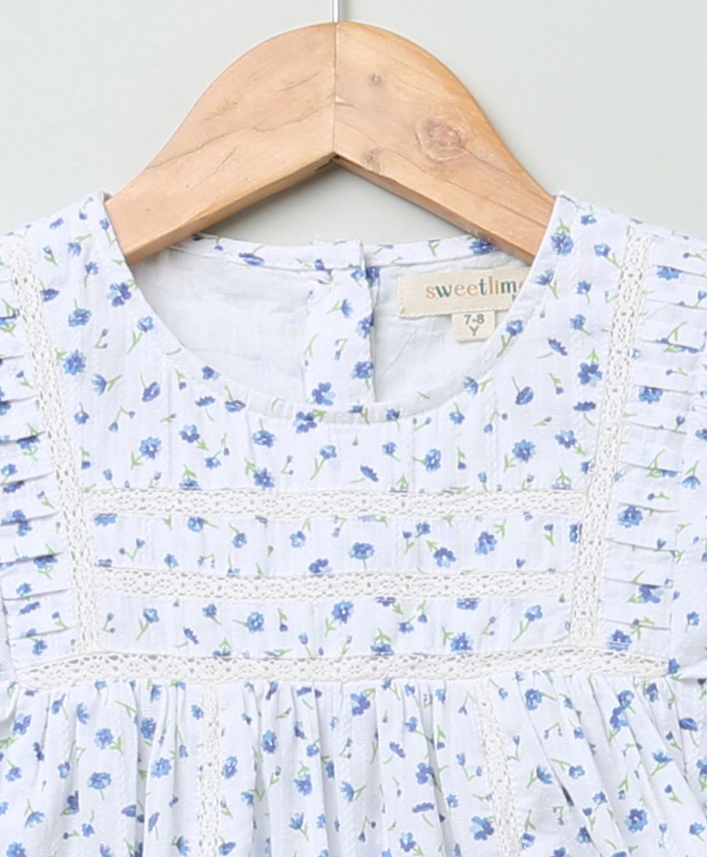 Blue Cotton Floral Printed A Line Dress