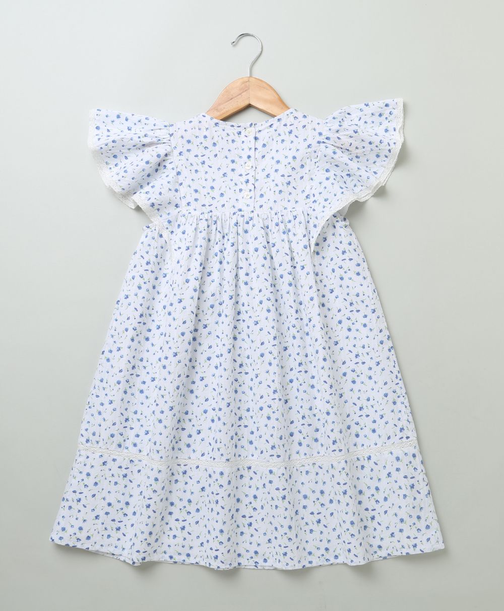 Blue Cotton Floral Printed A Line Dress