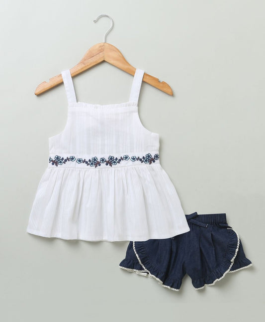 Floral Embroidery White Top & Denim Shorts Coord Set