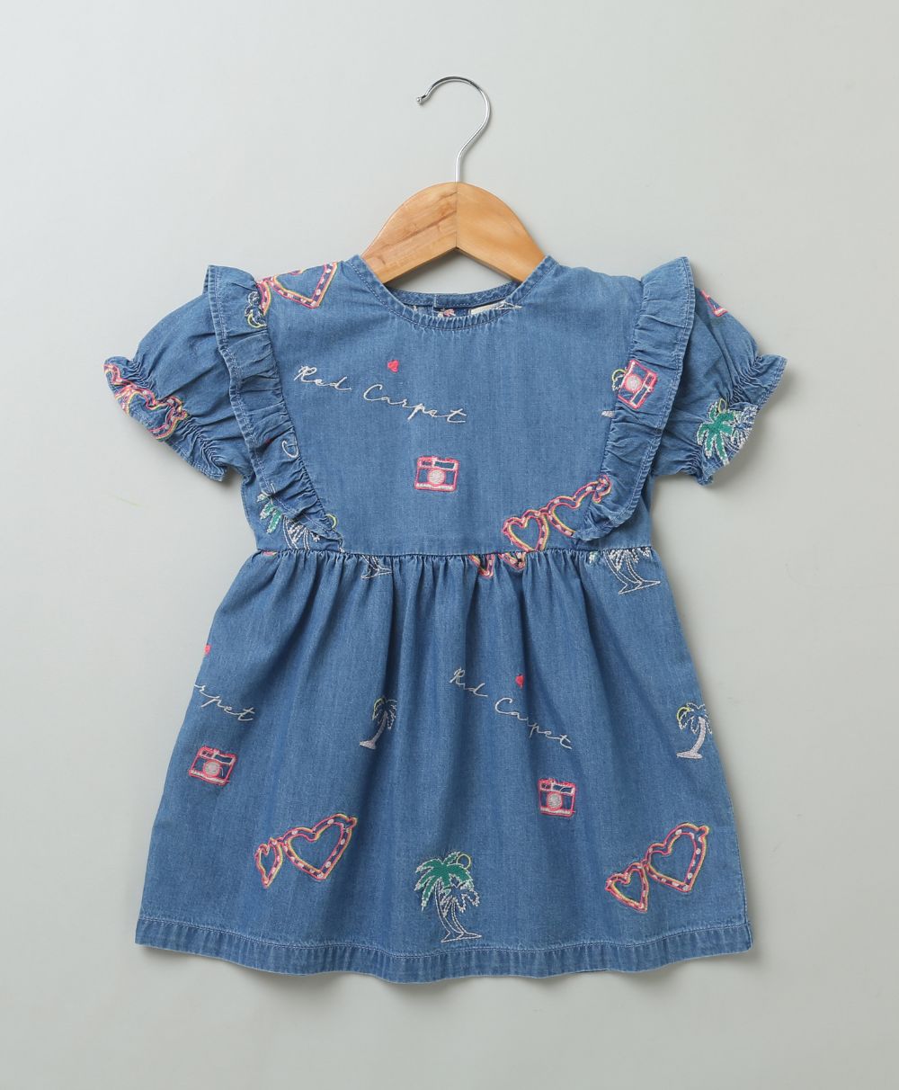 Short Sleeves Denim Dress with Palm Tree and  Neon Heart Embroidery