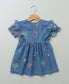 Short Sleeves Denim Dress with Palm Tree and  Neon Heart Embroidery