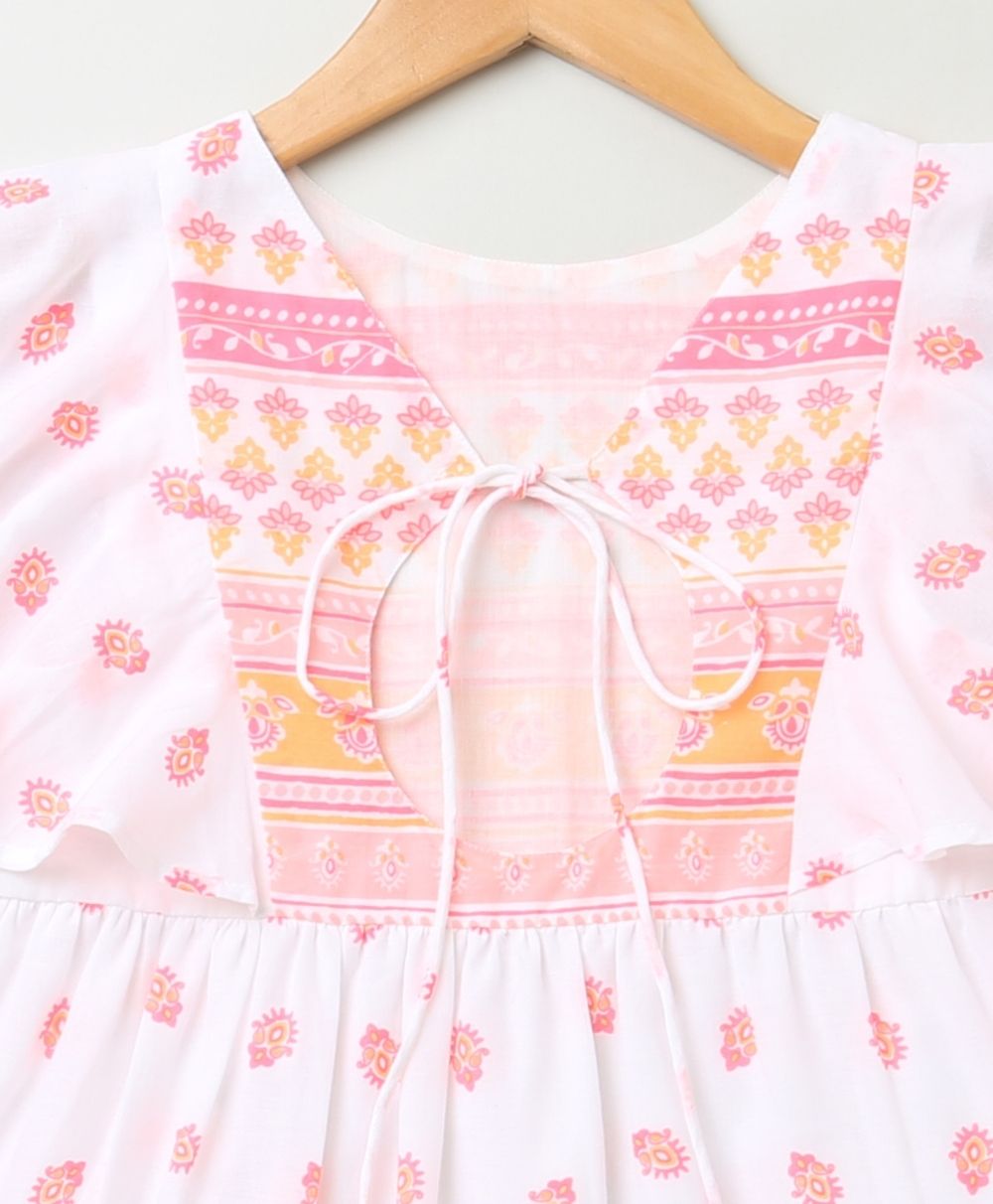 Cotton Poplin Printed Ruffled Sleeves Dress