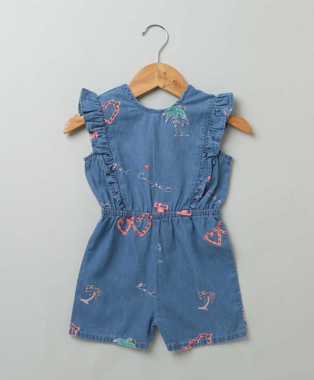 Cotton Denim Playsuit with Palm Tree and Neon Heart Embroidery