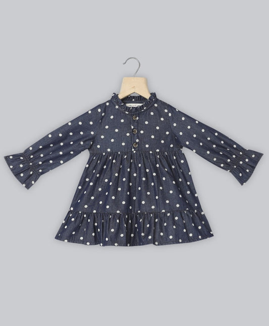 Cotton Denim All Over Polka Dot Printed Dress