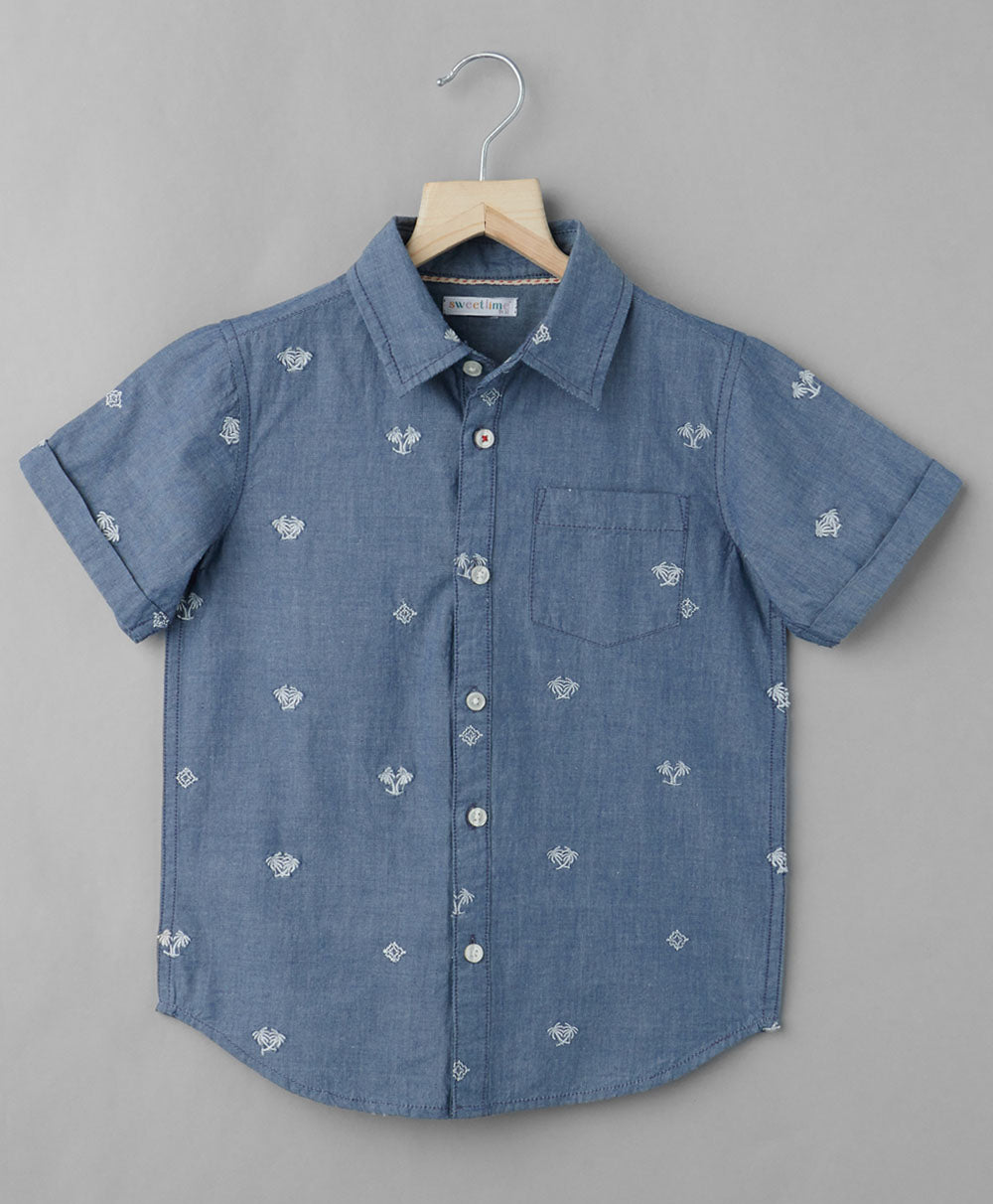 Palm Tree Embroidered Cotton Shirt