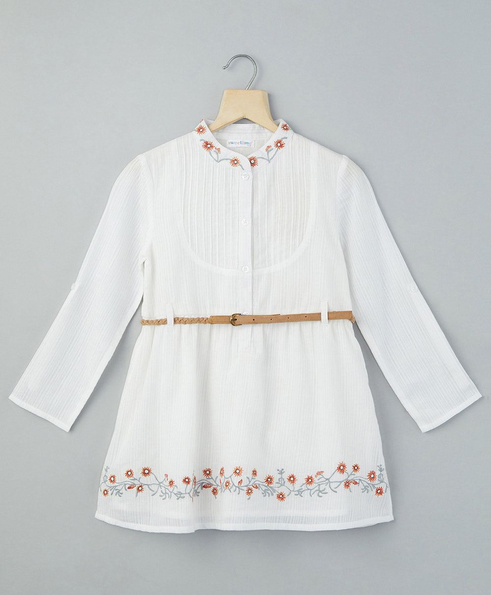 White Embroidered Dobby Dress with Belt