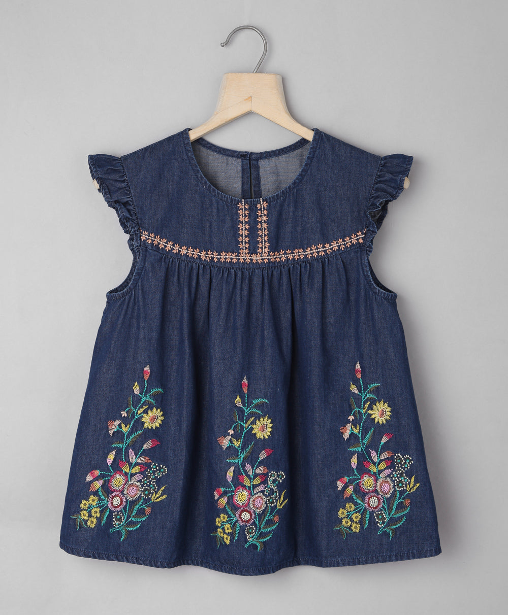 Ruffle at Shoulder Top with Big Bunches of Embroidery