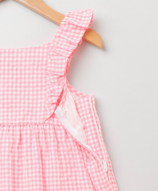 Neon Pink Checks Dress with Frill Straps