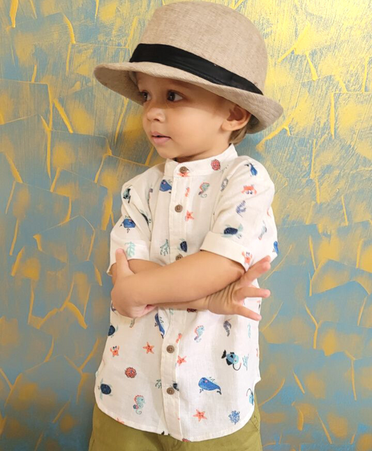 Sea Animals Print Cotton Linen Shirt