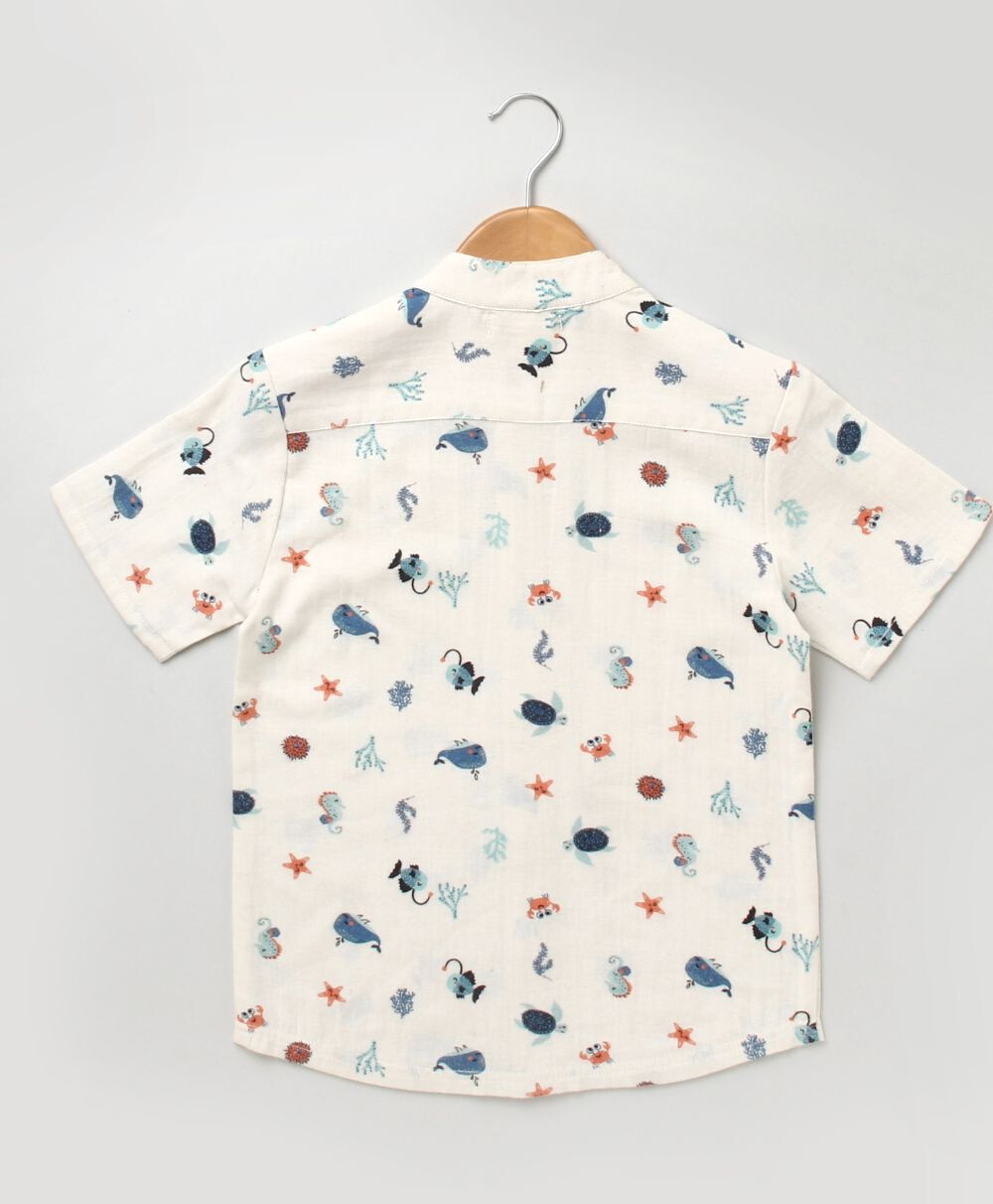 Sea Animals Print Cotton Linen Shirt
