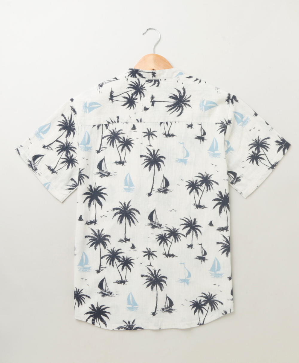 Sail Boat and Palm Tree Print Cotton Shirt