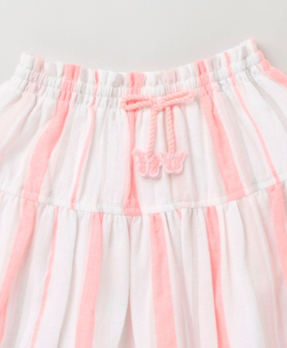 Butterfly Printed Neon Baby Pink Cotton Top with Striped Skirt