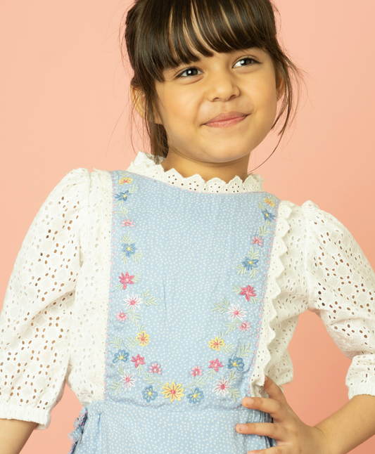Polka Dot and Floral Embroidery Playsuit with a White Schiffley All-over Embroidery Top