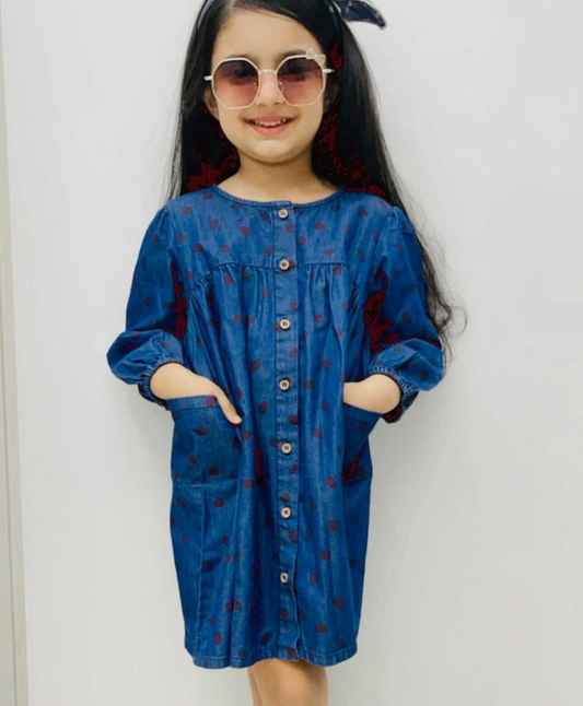 Cotton Denim All over Strawberry Print Dress