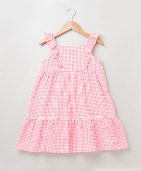 Neon Pink Checks Cotton Dress with Frill Straps