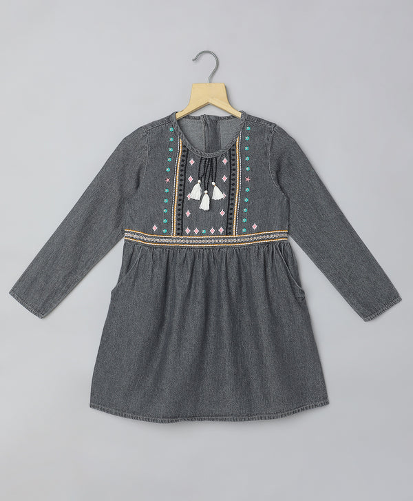 Full Sleeves Embroidery Cotton Denim Dress